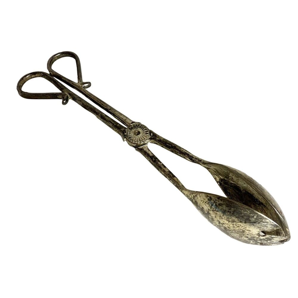 #8119 E P ZINC SALAD THONGS VINTAGE TARNISHED